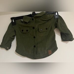 Green Corduroy Button-Up Jacket With Hood